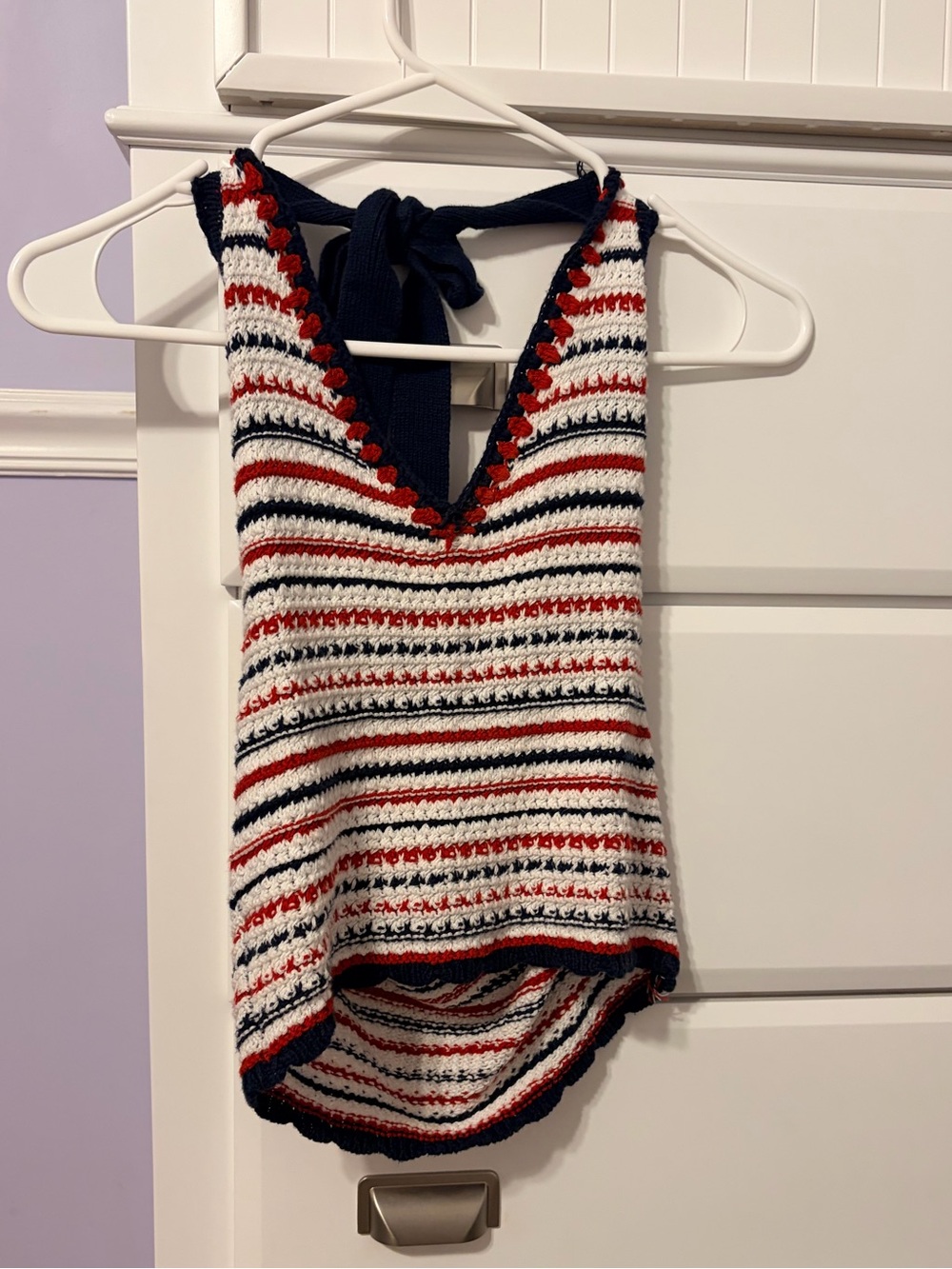 moon & madison Red, White & Navy Striped Crochet Halter Tank